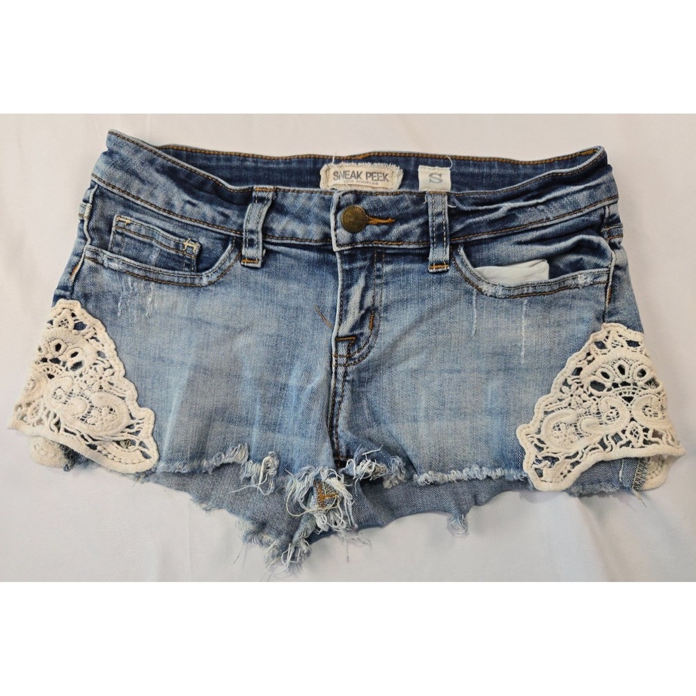 Sneak Peek Sz Small Distressed Cutoff Denim Shorts Lace Trim Festival Boho